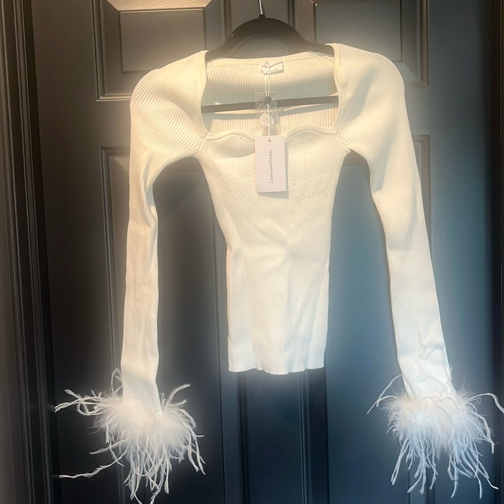NWT Revolve lovers and friends kinsley feather trim top in white